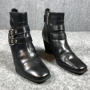 Icon Hella Boots Womens Size 7 Black Leather Wedge Ankle Buckle Moto Zip